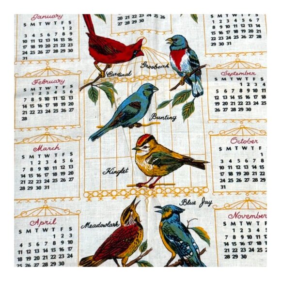 Vintage 1971 Linen Calendar Tea Towel With Song Birds Warbler Cardinal Blue Jay - Picture 3 of 6
